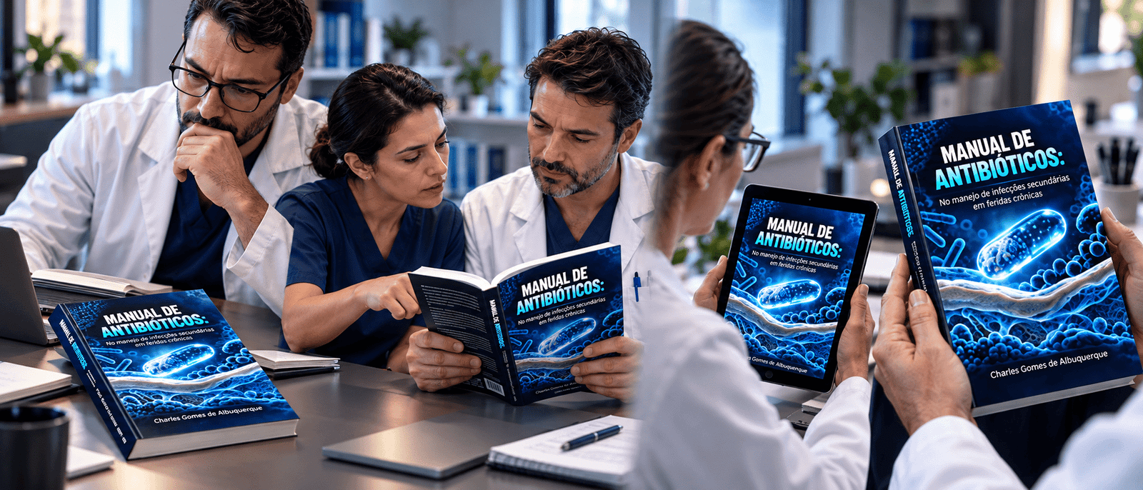 Manual de Antibióticos sendo consultado por profissionais de saúde